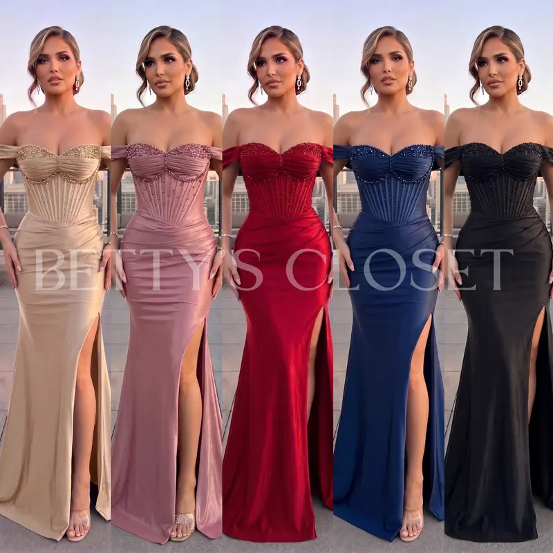 Aurora Flower Embellished Corset Satin Off Shoulder Gown