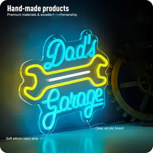 Personalized Neon Garage Sign Dad's Garage with Wrench Design 15.7''W x 13''H USB Dimmable LED Wall Art for Auto Repair Workshop Man Cave Christmas Gifts