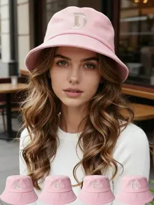 1PC Custom Initial Pink Bucket Hat for Women, A-Z Letter Embroidered Fisherman Cap, Stylish Streetwear Sun Hat with Adjustable Band