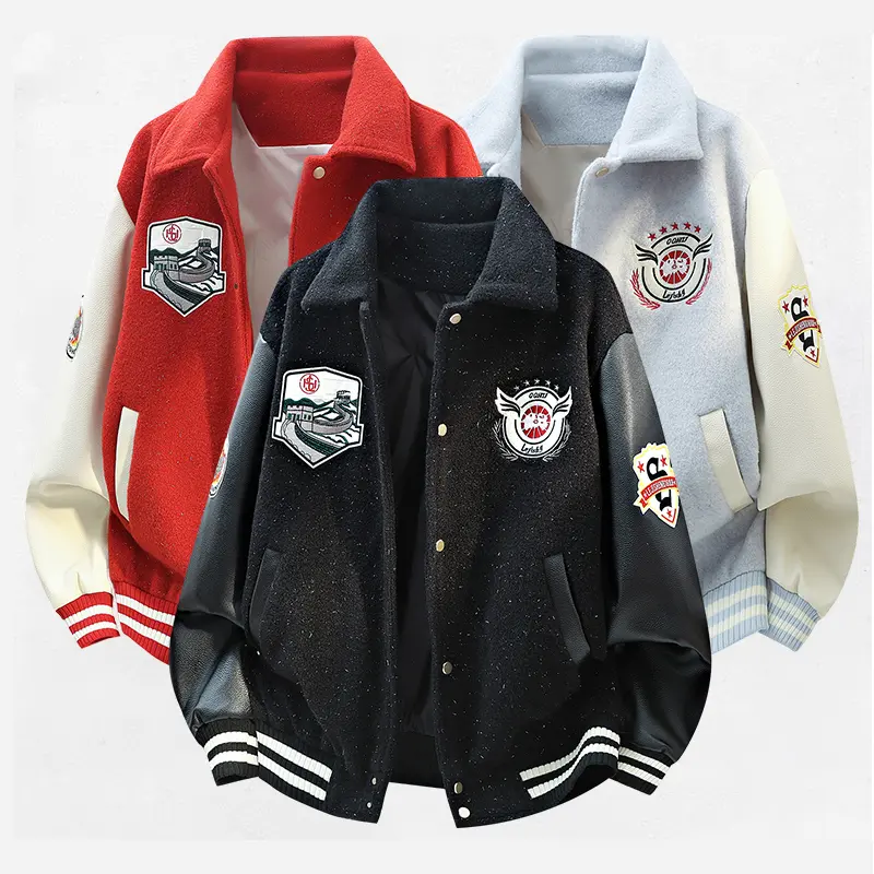 Color Block Lapel Varsity Bomber Jacket Unisex Faux Leather Sleeve Patch Embroidery Striped Rib Cuff Loose Retro College Y2K Hip Hop Skater Streetwear Outerwear