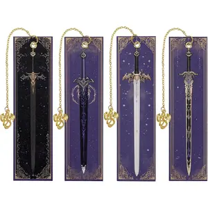 Dragon Sword Bookmark Gifts - 4 Pcs Purple Cool Vintage Bookmarks for Men Reading Lovers Kids Teacher Students Gold Pendant Charm Fantasy Anime Book Marks Office Home Supplies Birthday Gift