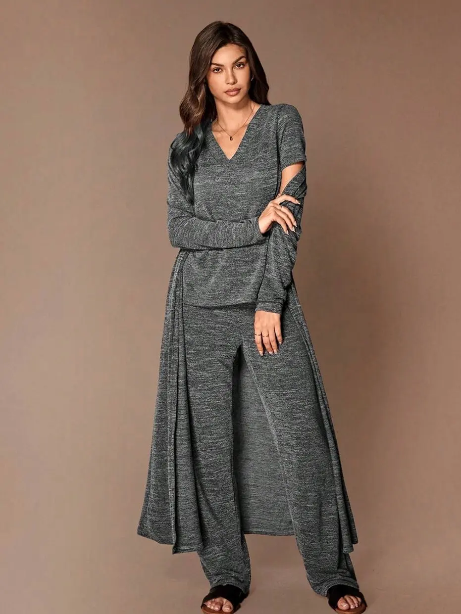 Three-Piece Lounge Set with V-Neck Short Sleeve Top, Bowknot Detail Pants, and Robe