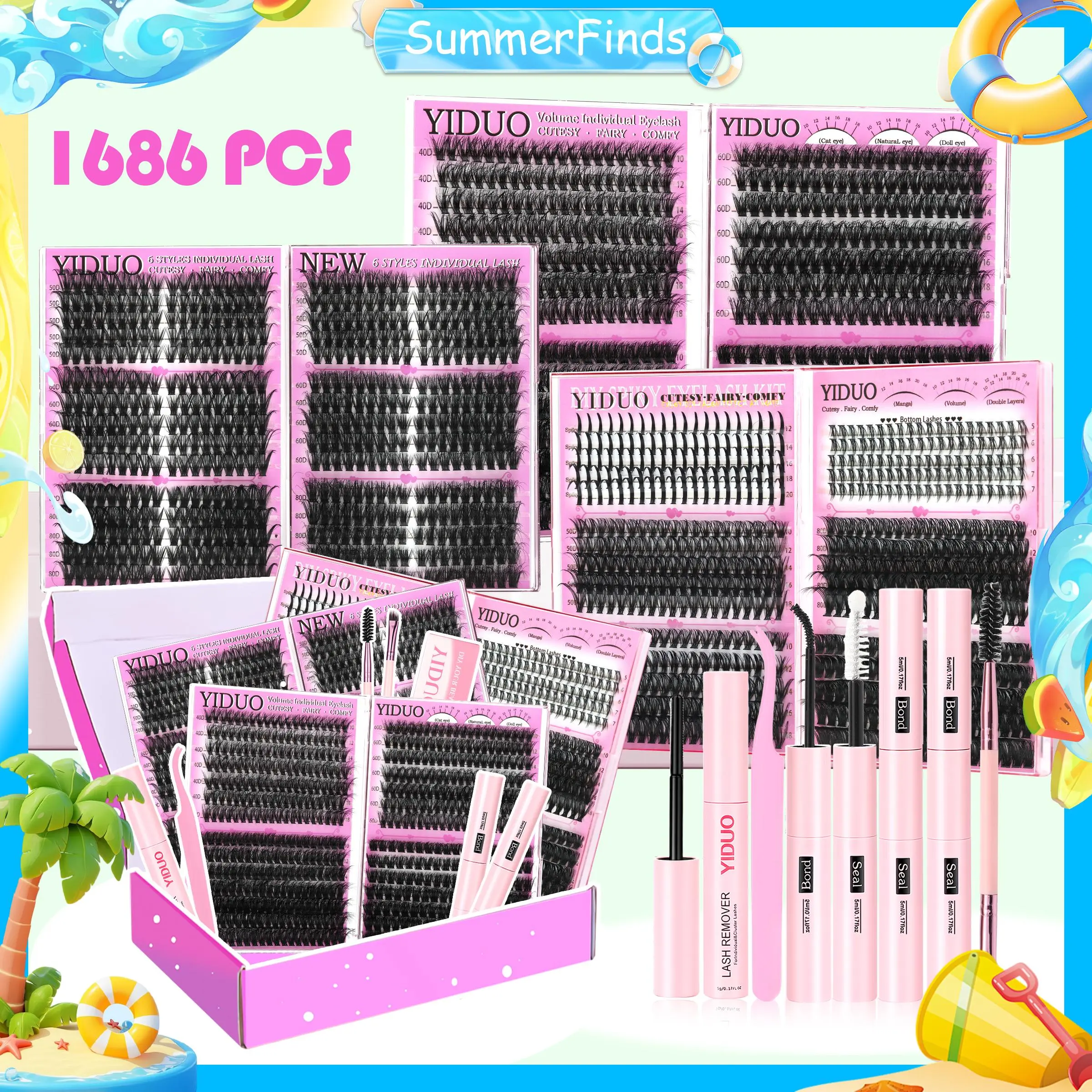 YIDUO Mega Volume Lash Clusters Kit with 2X Bond & Seal, DIY Fluffy Wispy Cosmetic Extensions for a Natural Look, Beginners Bulk Pack for Bottom Lashes, Diy Personal Lashes