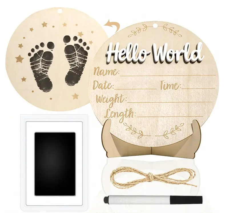 Baby Announcement Sign, 5.9 Inch Round Wooden Hello World Newborn Signs, Birth Announcement Sign: Equipped with Ink Pad Can Baby Handprints and Footprints for Photo Prop Hospital Nursery Gift