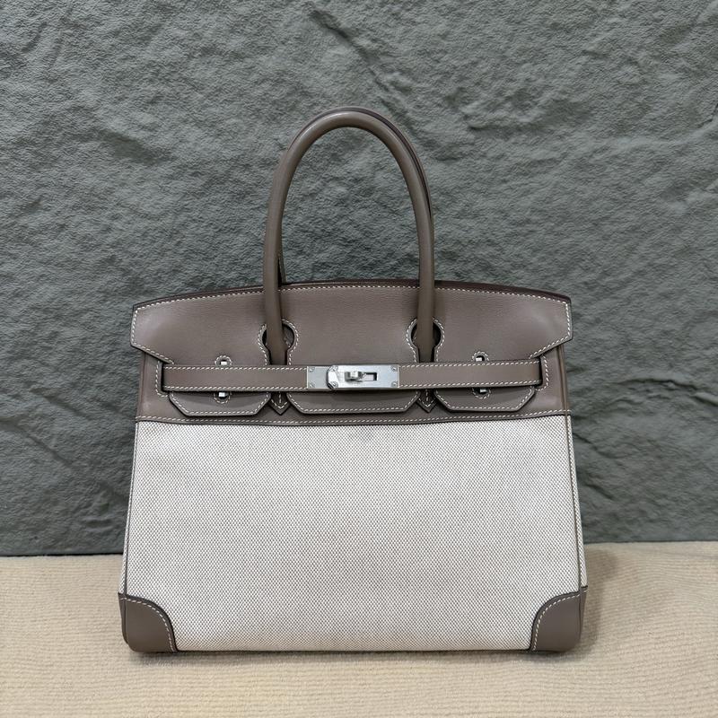 Pre-owned HERMÈS Leather tote bags Hermes Birkin 30 Swift Canvas 18 Etoupe 14 Beige (he1214m0)