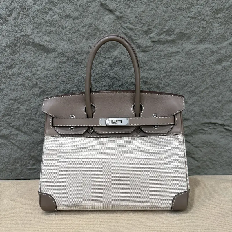 Pre-owned HERMÈS Leather tote bags Hermes Birkin 30 Swift Canvas 18 Etoupe 14 Beige (he1214m0)