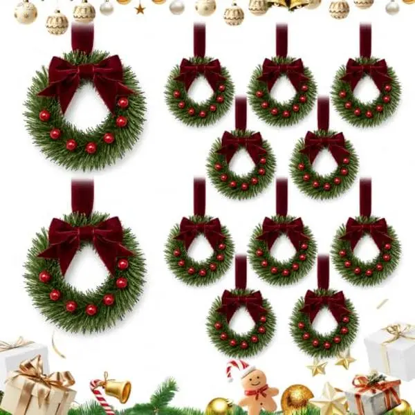 Garvee 12pcs Mini Christmas Wreath Set,10" Christmas Wreath with Bow&Berry | Small Christmas Wreath WIth Pine Needles Branche,Bow,Berry for Cabinets,Windows Outside, Pet Door Decoration black red