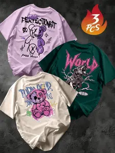 Men's Cool Graffiti Three-Piece Short Sleeve T-Shirt Set, Casual Streetwear Style, Loose-Fitting, Summer Fashion Stylish, Daily Wear