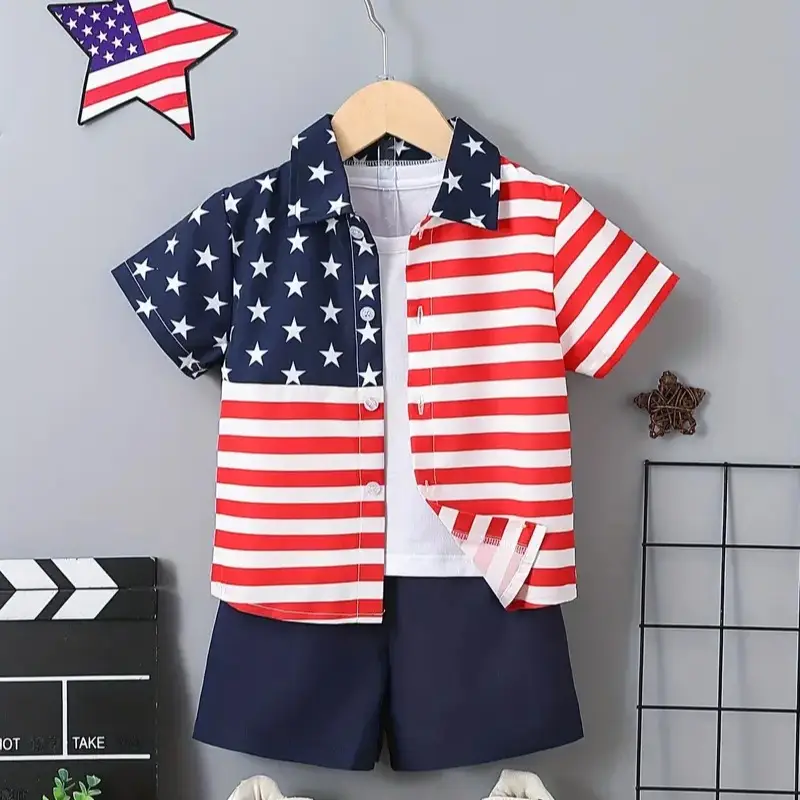 Ready Stock 4th of July Indepandence Day Outfit For 4Y,5Y,6Y,7Y Boys Stars and Stripes Button Down Lapel Shirt Elastic Shorts Set 2Pcs Kids Summer Clo