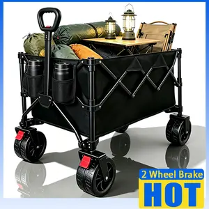Folding Camping Wagon Cart with Silent Wheels & Dual Brakes, Heavy Duty Carbon Steel Frame, Portable Collapsible Utility Cart for Camping, Picnic, Grocery, Shopping & Beach
