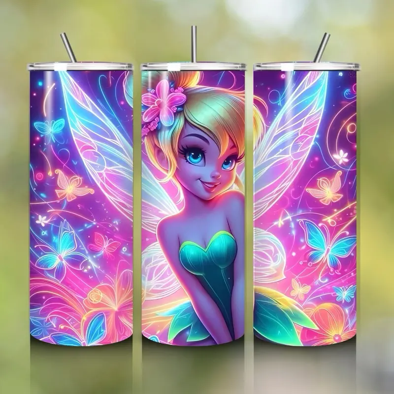 Termo Campanita Neón - Customizable Decorative Cans with Colorful Butterfly and Angel Design.