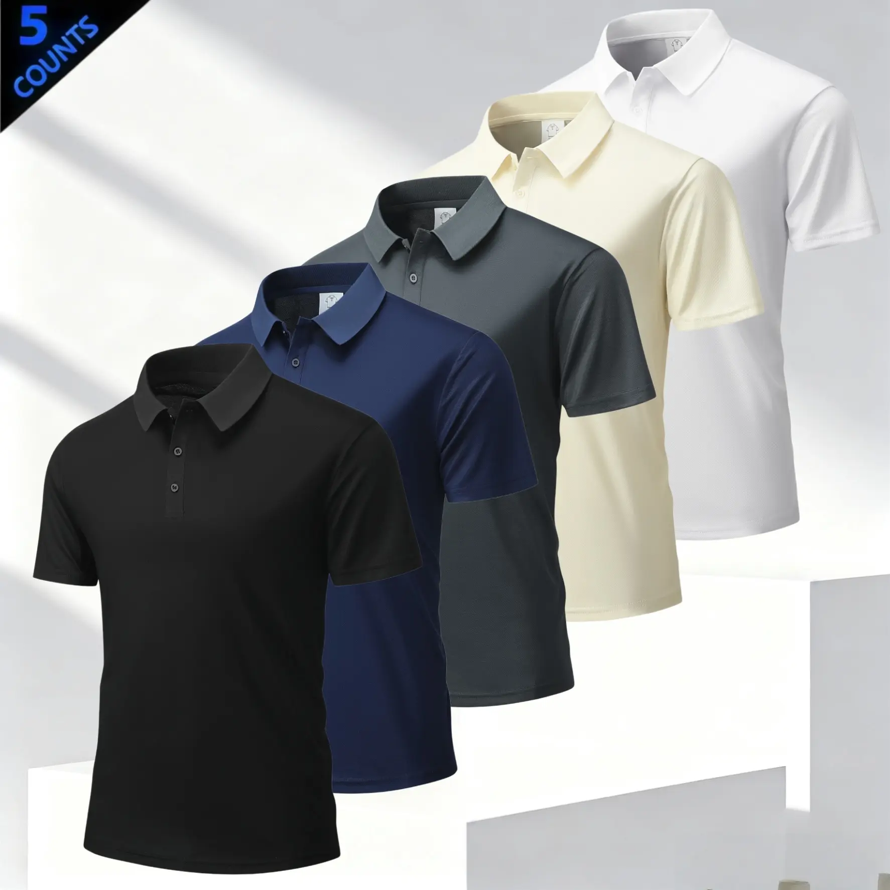 Five solid color men’s polo shirts with a turn down collar, featuring a business casual style. The classic turn down design is sleek and well structured, with refined button detailing at the placket. Short sleeves offer a versatile fit for multiple season