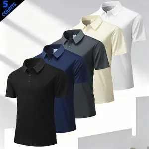 Five solid-color men’s polo shirts with a turn-down collar, featuring a business-casual style. The classic turn-down design is sleek and well-structured, with refined button detailing at the placket. Short sleeves offer a versatile fit for multiple season
