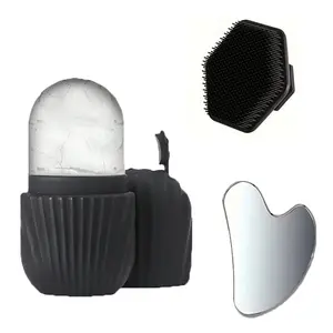 3-Piece Facial Cleansing Tool Set, Stainless Steel Heart-Shaped Scraping Tool, Ice Roller & Silicone Brush for Skincare, Beauty Roller, Reusable Skin Healthcare