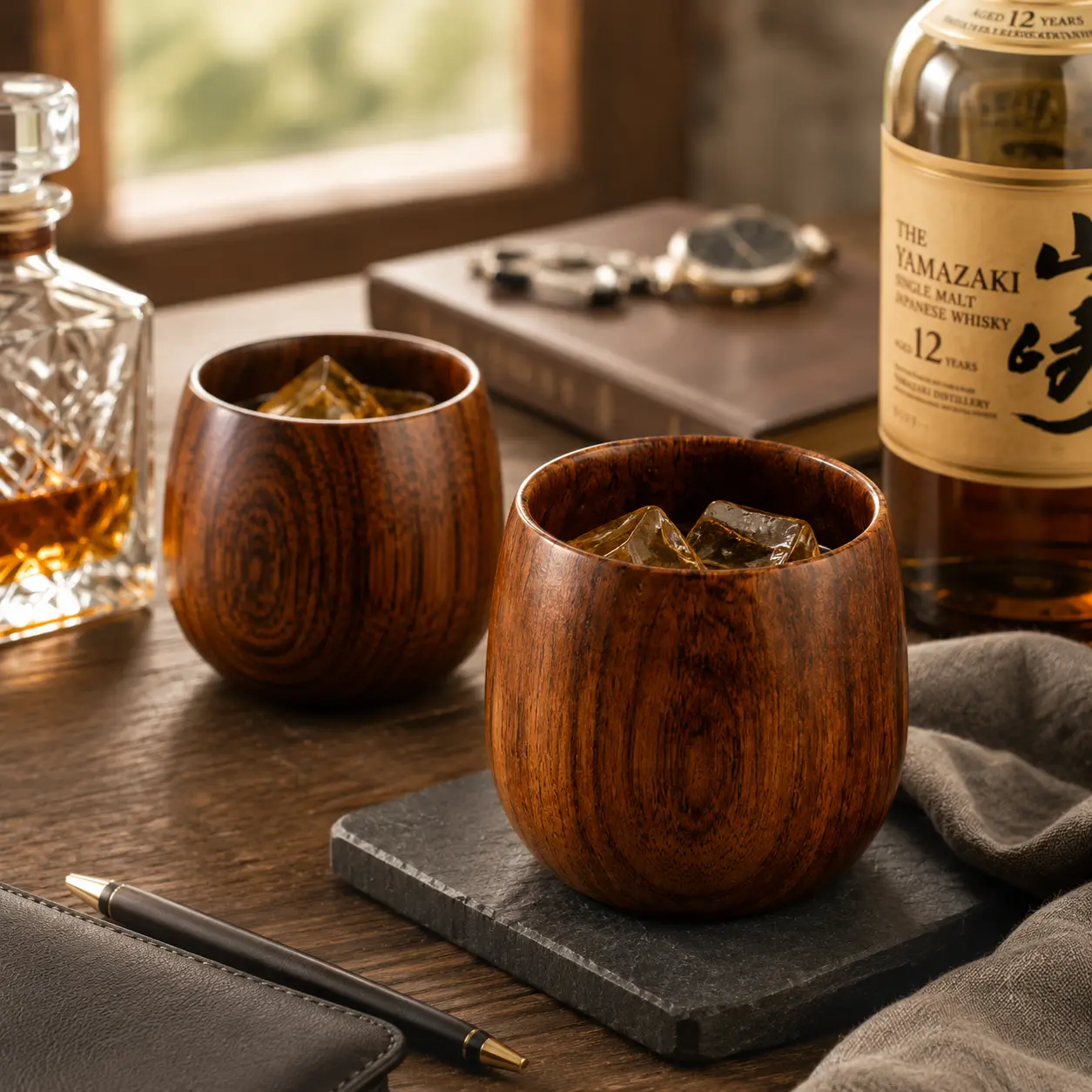 Handmade Natural Wood Whiskey Glass Set - Heat-Resistant, Lightweight, Easy-to-Hold, Smooth-Grain Sustainable Home Bar Glassware for Business, Bonfire, Baby Shower Ceremony Gifting