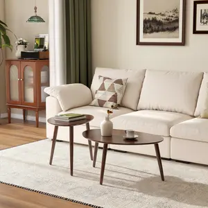 Wayshome Small Oval Nesting Table, Mid Century Coffee Tables for Living Room,Solid Oak Wood Side Table,Triangle Tabletop with 3 Legs,Minimalist Display End Tables (Original wood/Walnut Color, Combine)