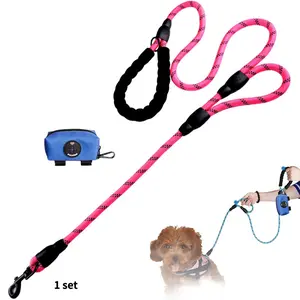 Dog Poop Bag Holder Leash, Reflective Nylon Dual Handle Dog Lead with Waste Bag Storage, Comfortable Foam Handles, Durable Pet Walking Accessory