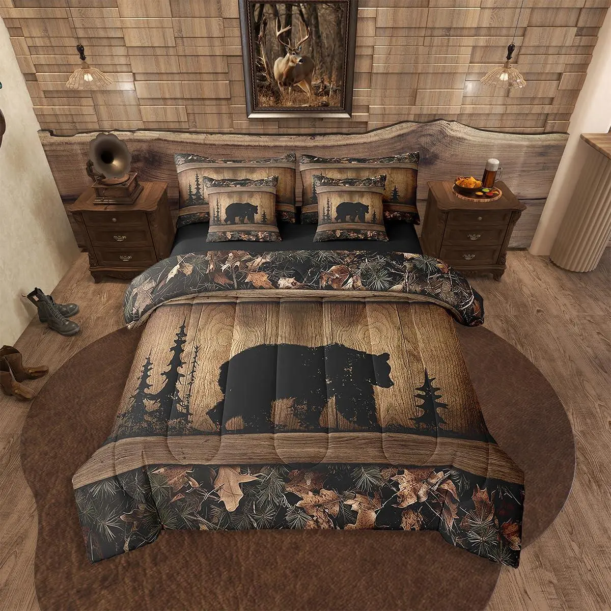 Rustic Farmhouse Comforter Set,7 Piece Country Cabin Bear Bedding Set,Tree Woodland Camo Hunting Wildlife Bed in A Bag for Teen Boys Men Camouflage Animal Sheet Set with Comforter
