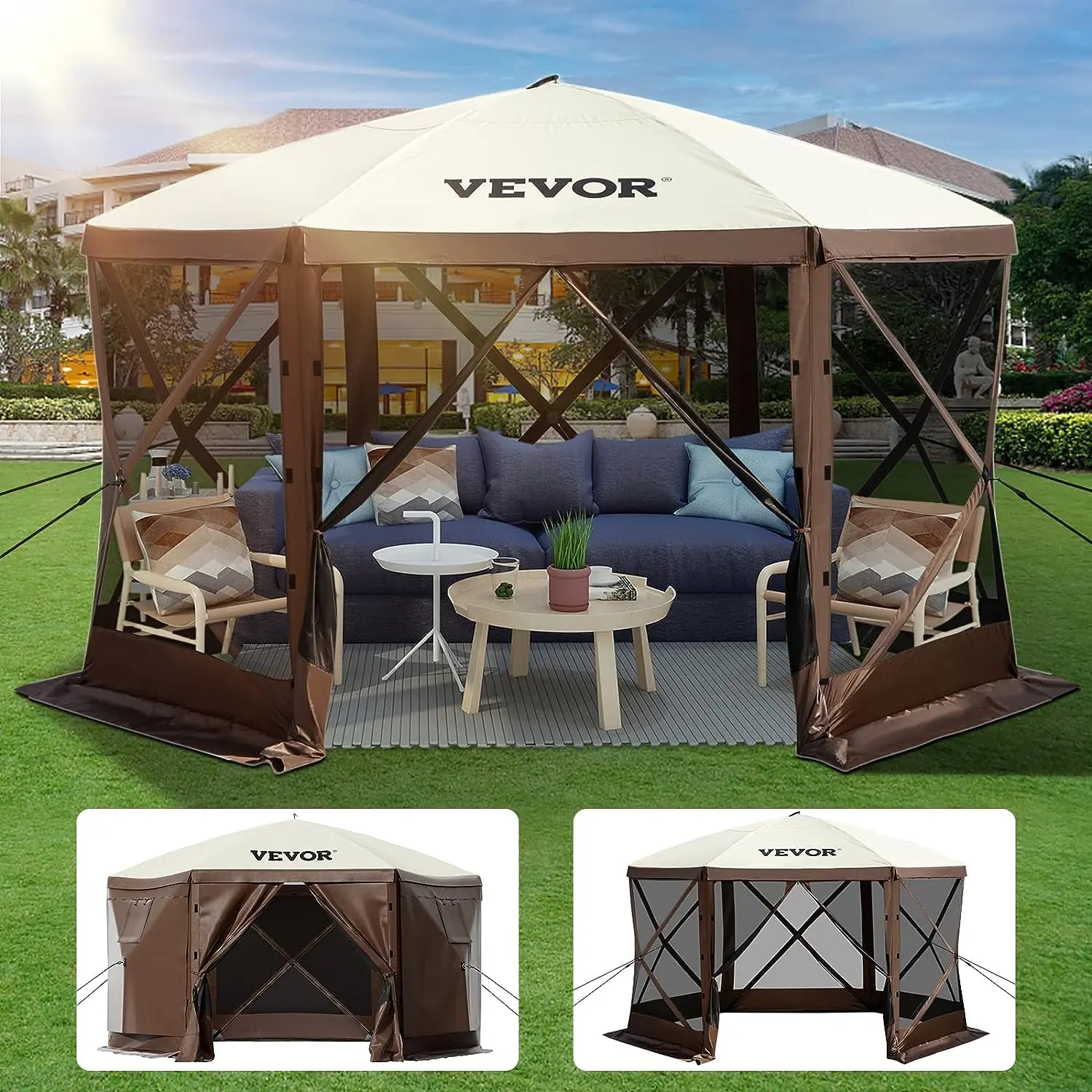 【SummerFinds】VEVOR Gazebo Screen Tent, 10 x 10 ft, 6 Sided Pop-up Camping Canopy Shelter Tent with Mesh Windows, Portable Carry Bag, Ground Stakes, Large Shade Tents for Outdoor Camping, Lawn and Backyard