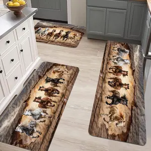 3-Piece Flannel Floor Mat Set with Horse Trail Wood Pattern Anti-Slip Bottom Soft Texture Minimalist Print for Kitchen Laundry Room Home Decoration, Animal Print Rug bedroom living room cozy sink bathroom room decor carpet flooring