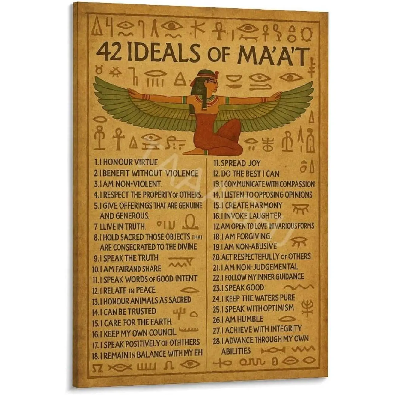 Ancient Egypt 42 Laws of Maat Artistic Handmade Artwork Canvas Poster - Hand Print, Egyptian Hieroglyphics, Historical Figures Frame-Style Home Decor Wall Art, Decor Inspo for Living Rooms, 16x24in (40x60cm)