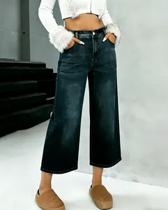 Straight Wide Leg Jeans for Women Mid Waisted Casual Raw Hem Denim Capris Pants with Pockets High Stretch Fabric Breathable Comfortable Fit