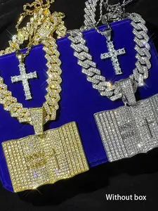 4pcs Fashion Hip Hop Iced Out Bling Bible Pendant Necklace, Copper Zircon Cross Pendant & Sparkling Cuban Chain Jewelry for Men Women Trendy Jewelry Set