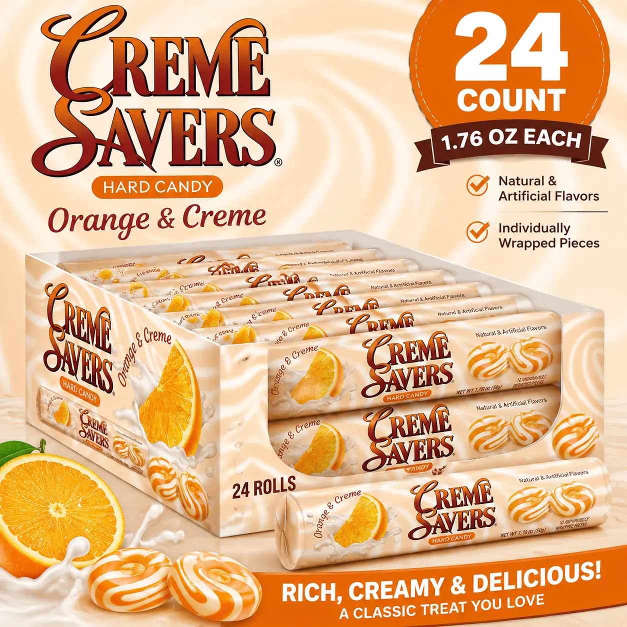 Creme Savers Orange & Creme Hard Candy 1.76 oz 24 Count  Classic Creamy Orange Candy Rolls | Individually Wrapped Retro Treats
