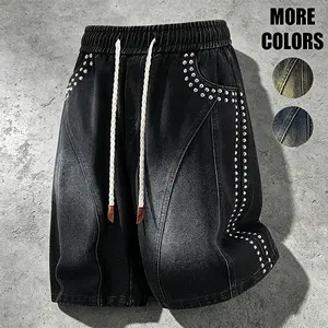 Men's vintage denim shorts, summer elastic waistband Rivet Accent Drawstring Casual Streetwear Baggy Shorts