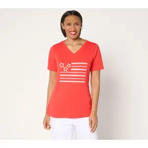 Denim & Co. Americana Favorite Jersey Sequin Flag V-Neck Top