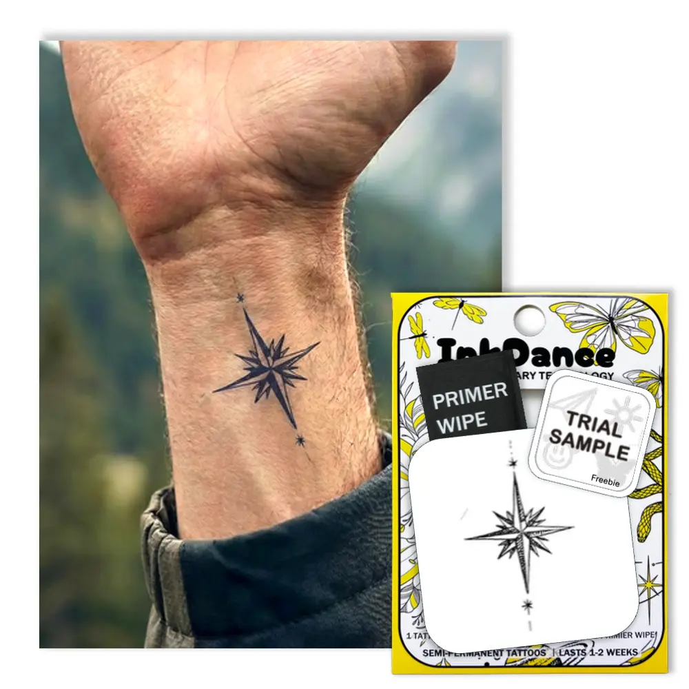 InkDance Semi-Permanent Tattoo, Guiding North Star, Long Lasting Temporary Tattoos, Waterproof Plant-Based Ink, Lasts 1-2 Weeks, Color Develops in 24 Hours MNF189