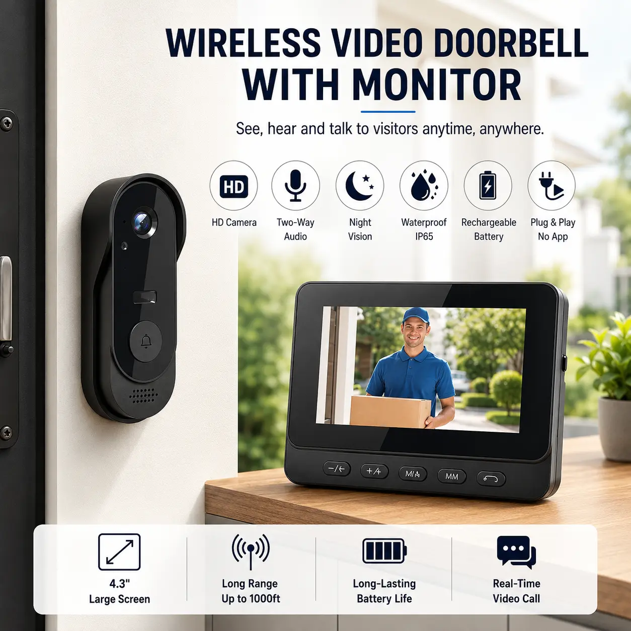 Wireless Video Doorbell with Monitor, HD Camera, Rechargeable, Two-Way Audio, Night Vision, Waterproof, Plug & Play, No App Needed
