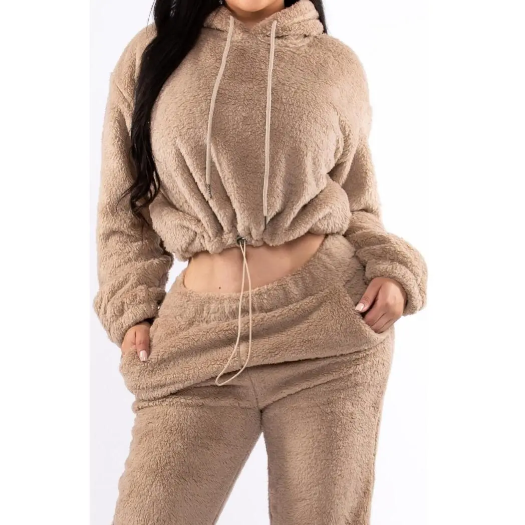 Fuzzy Feels 2-Piece Set - Fluffy Fur Cropped Hoodie & Pants - Super Soft Material - Machine Washable - All Seasons Casual Wear