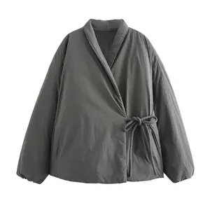 Minimalist White Duck Down Jacket, Women's Short Loose Fit Puffer Coat with an Adjustable Lace-Up Waist, Tops