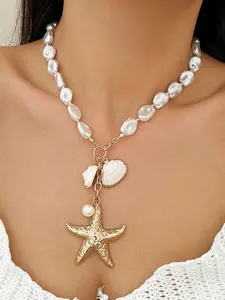 Starfish & Shell Decor Pendant Charms Necklace, Fashion Faux Pearls Decor Jewelry for Party, Daily Decor, Trendy All-match & Exquisite Jewelry for Birthday Gift