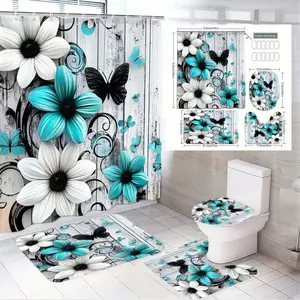 4pcs Vibrant Floral & Butterfly Bathroom Decor Set, Turquoise, & Shower Curtain Sets, Weathered Wood Design, The floor mat fabric is thicker and softer! Perfect for Spring Refresh & Summer Vibes in Your Home
