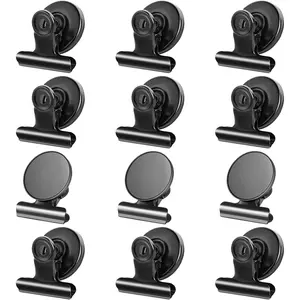 12 Pack Magnetic Clips for Refrigerator – Heavy Duty Fridge Magnets for Paper, Notes, Photos – Black Clips for Home, Office, Classroom Use