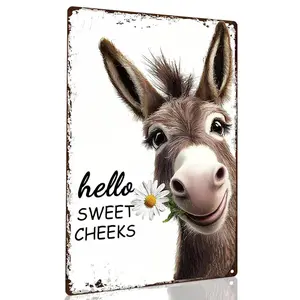 Funny Donkey Sunflower Metal Tin Sign, Hello Sweet Cheeks Restroom Decor for Donkey Lovers, Farmhouse Bathroom Sign, Wall Art Posters 8x12 In