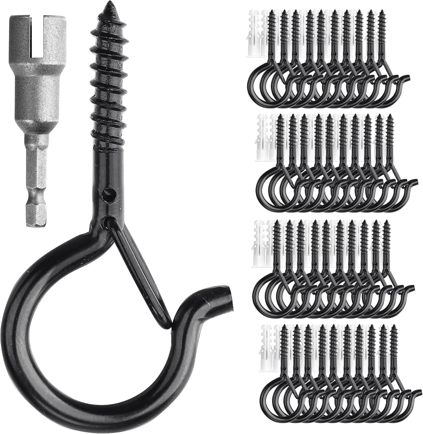40pcs Patio Light Hooks,with Safety Buckle,for Hanging Plants String Lights Heavy Duty, 2.2 Inch Eye Hook Screw in Cup Hooks Q-Hanger for Patio Lights,Ceiling Wall Wood Fence Deck Mount