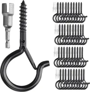 40pcs Patio Light Hooks,with Safety Buckle,for Hanging Plants String Lights Heavy Duty, 2.2 Inch Eye Hook Screw in Cup Hooks Q-Hanger for Patio Lights,Ceiling Wall Wood Fence Deck Mount