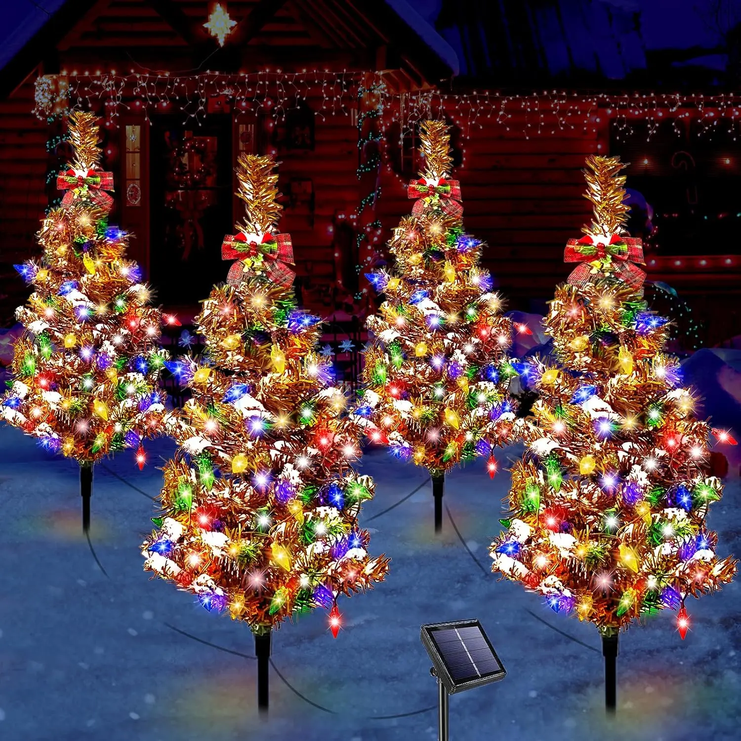 4 PCS Solar Christmas Tree, Outdoor Christmas Decorations, Xmas Tree Solar Powered with 80 LED Multi-Color Lights, Red Bow, for Holiday Yard Front Porch Pathway Graveyard Cemetery Garden Patio Decor
