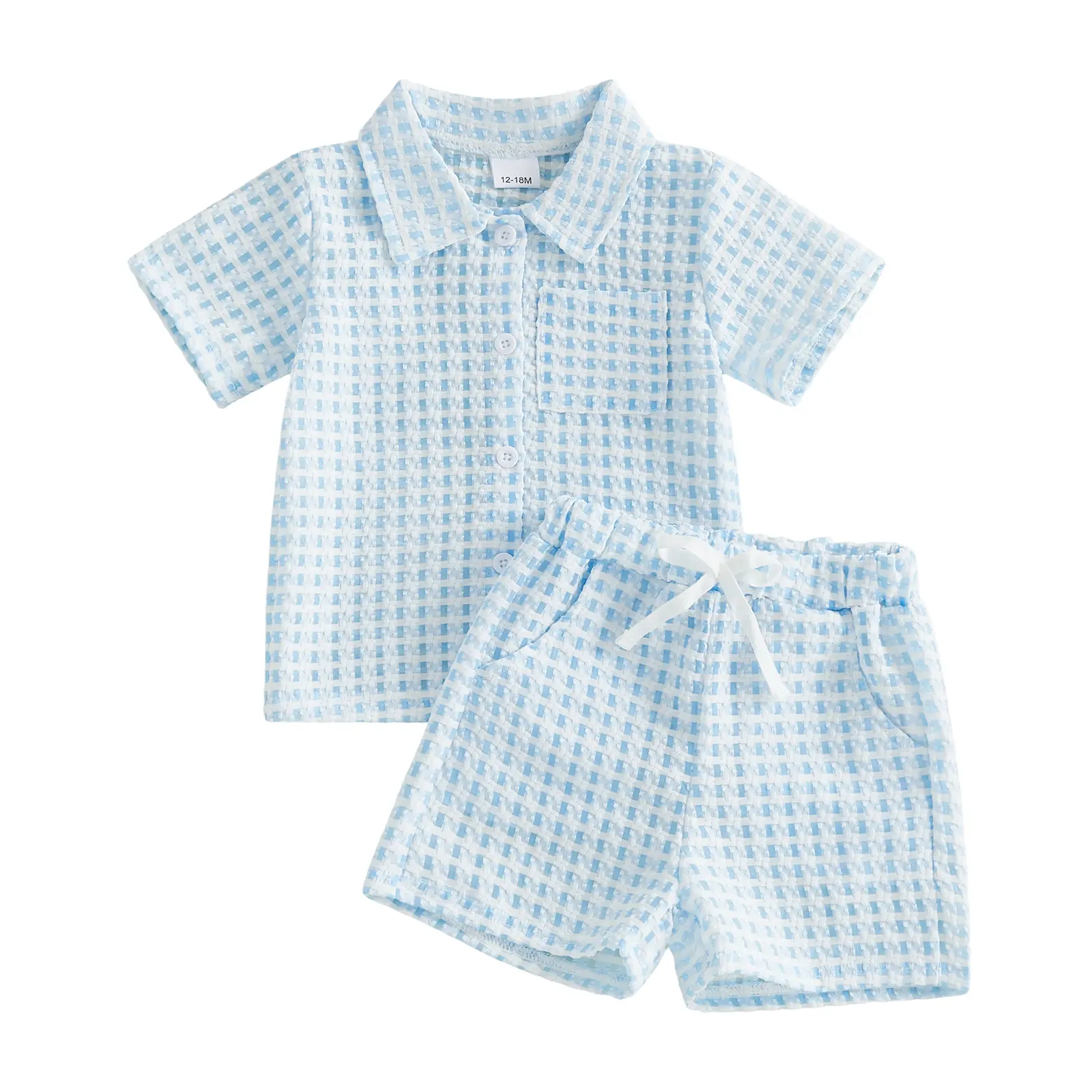 Toddler Baby Boy Textured Gingham Outfit Checkered Short Sleeve Button Down Pocket Shirt Tops and Shorts 2 Pcs Set Summer Clothes