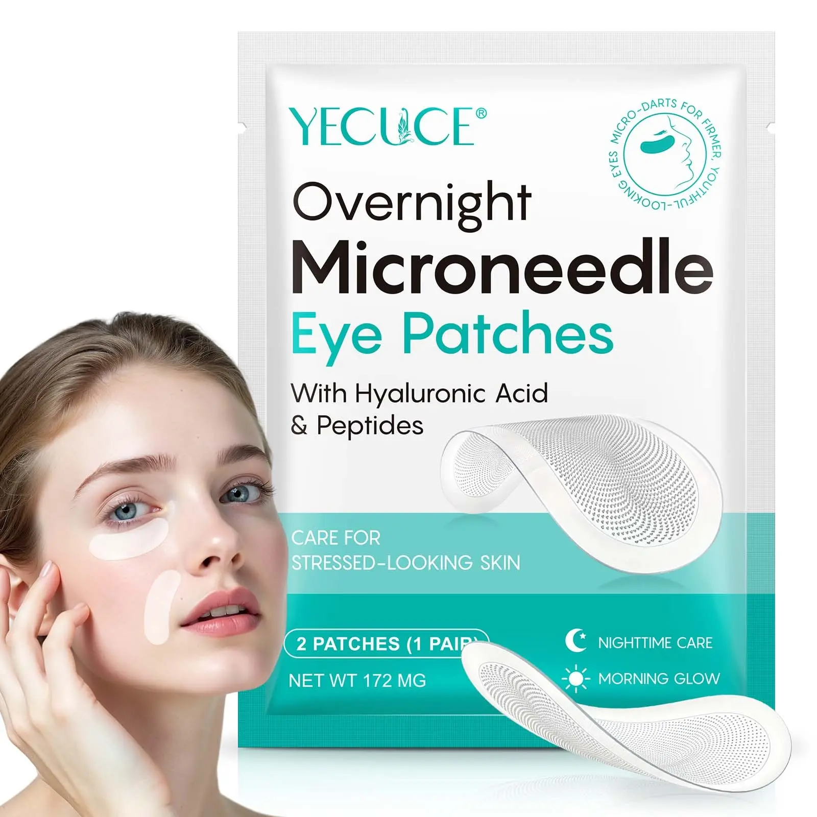 Yecuce Micro Needle Under Eye Patches 2p, Hyaluronic Acid & Peptides, Non-Slip Overnight Mask, Vegan Formula, Suitable for All Skin Types, Microneedle Eye Patches