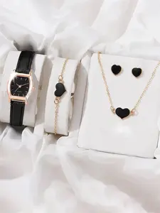 5-piece set of barrel-shaped quartz watches for women, small-sized with leather straps, stylish and versatile, featuring simple Roman numerals, women's watch set, Bracelet Watch Set