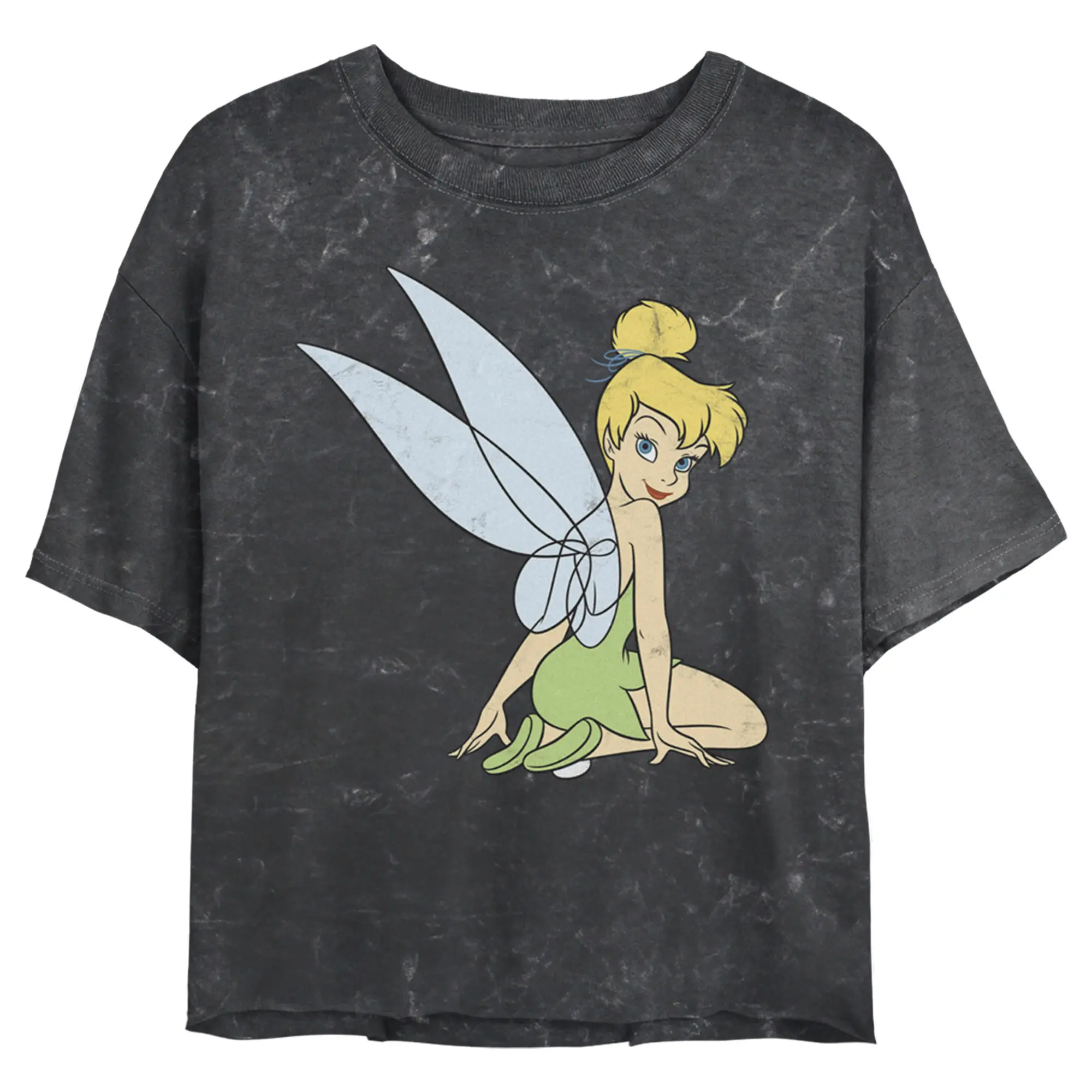 Juniors Womens Peter Pan Tinker Bell Distressed Wings Portrait Mineral Wash Crop T-Shirt