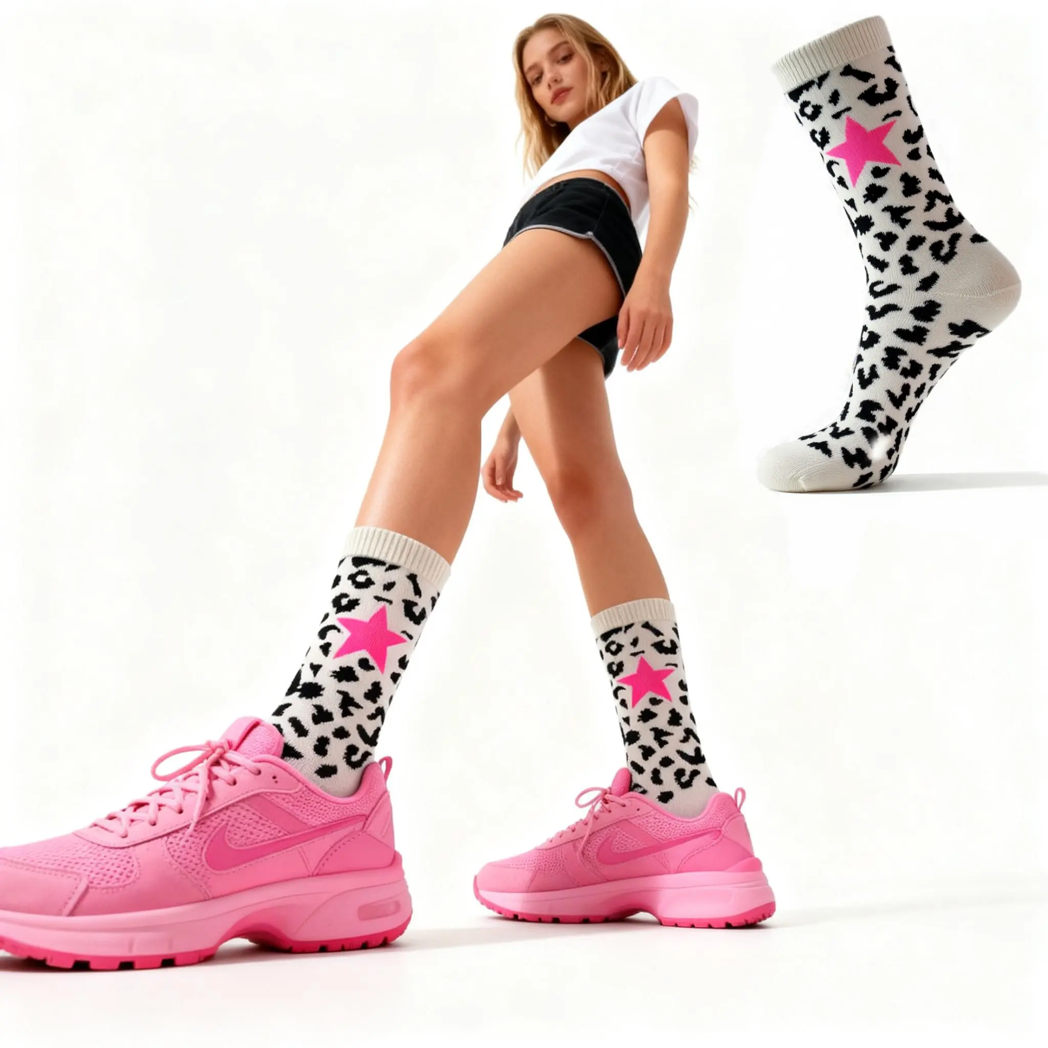 Y2K Leopard Print Socks, 3/6 Pairs, Pink, Heart and Star Pattern, Women's Socks, US Size 5-10, Soft Pockets, Merino Wool, Warm Socks for Autumn and Winter.