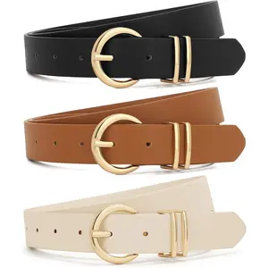 3 Pack Fit Pant 37-41in Women Belts For Jeans Dresses Pants Ladies Leather Waist Belt with Gold Buckle
