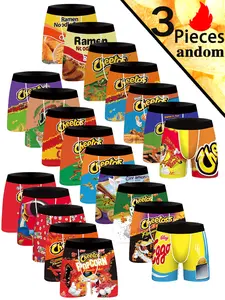 Men's Cartoon Graffiti Print Underwear Set (random 3 Pieces), Casual Fitted Boxer Briefs, All Seasons Wear, Trendy Design, Underwear Boxers