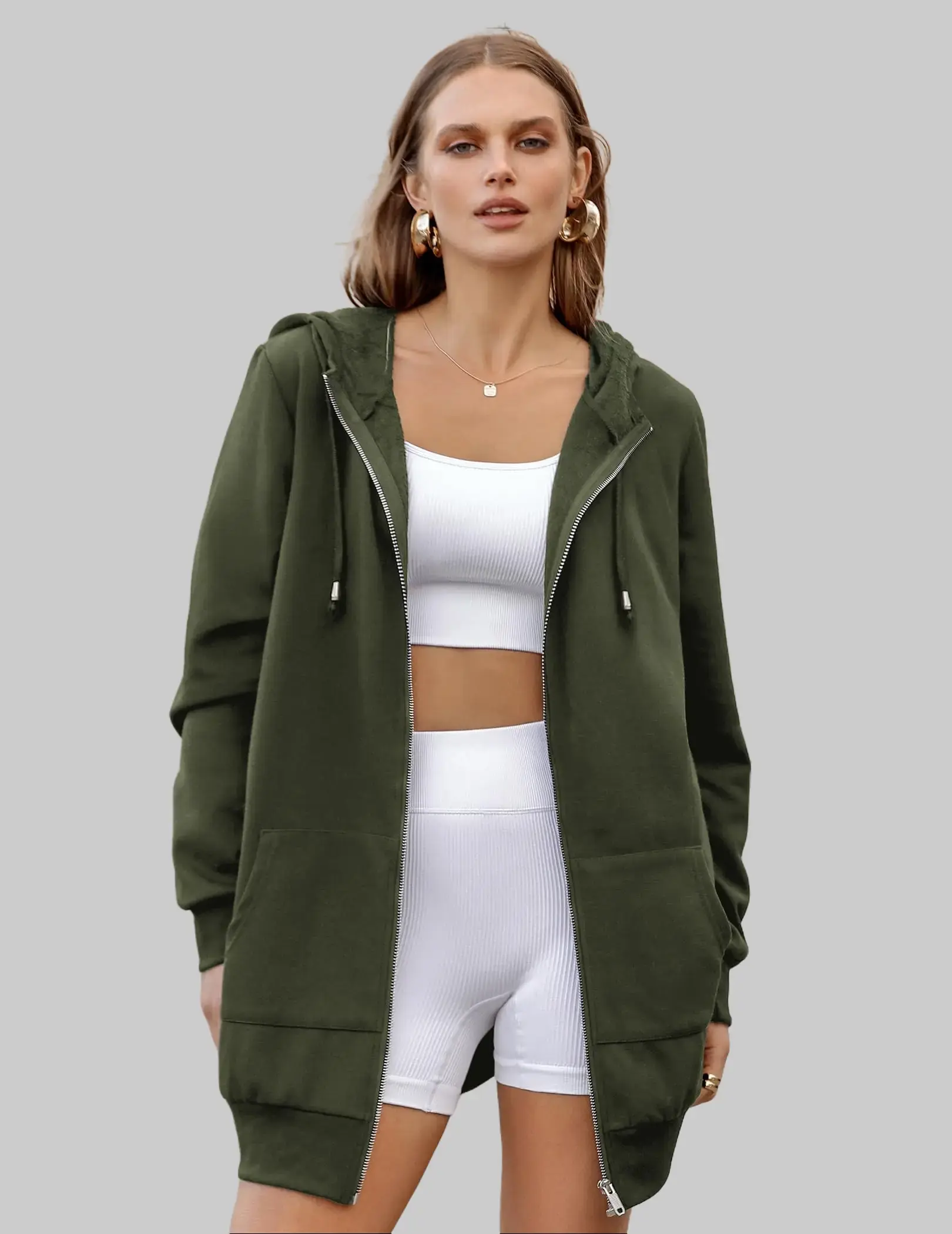 ZEAGOO Women's Thick Loose Zipper Hoodie, Lady's Long Sleeve Lightweight Fleece Tunic Sweatshirt with Pockets, Fall 2025 Oversize Zip-Up Tops, Womenswear Coat