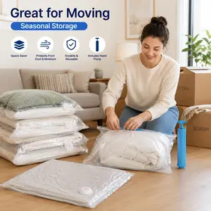 3-Pack Vacuum Storage Bags with Hand Pump, Reusable Space Saver Compression Bags with Double-Seal Closure, One-Way Air Valve & Sealing Slider, Large Size Options for Clothes, Blankets, Bedding, Comforters, Closet Organization, Travel,